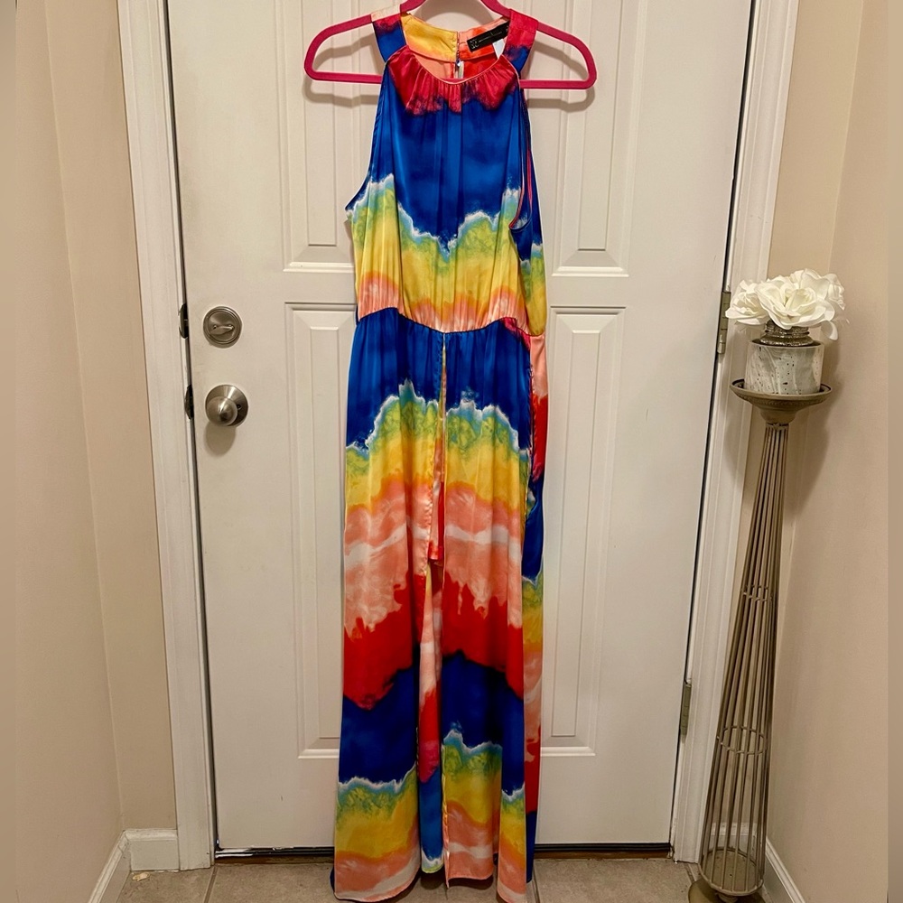 New York & Company Vibrant Rainbow Skirted Romper Jumpsuit Misses Size LARGE NWT